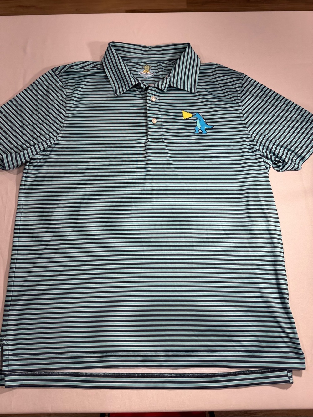 Chubbies Blue and Aqua Striped “Fired Up” T-Rex Dinosaur Stretch Polo Men’s M